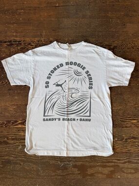 Alstyle White Graphic Tee with Gray Surf Design - Sandy's Beach Oahu